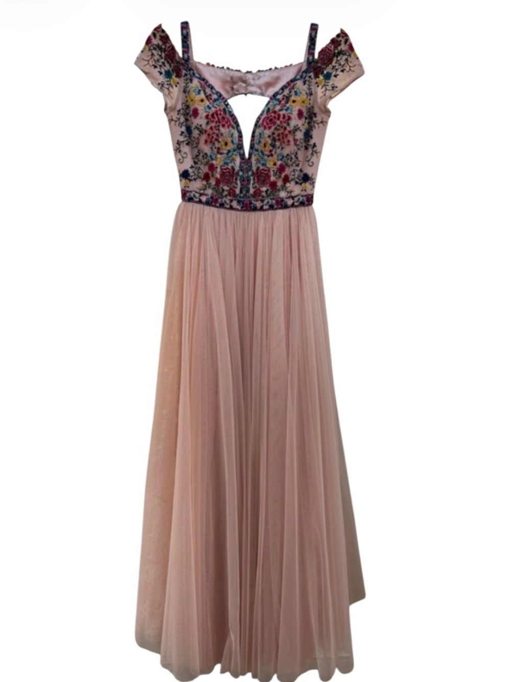 Sherri Hill Pink Floral Embroidered Tulle Gown